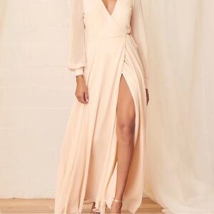 Lulu's Soft Cream Wrap Maxi Dress with High Slit